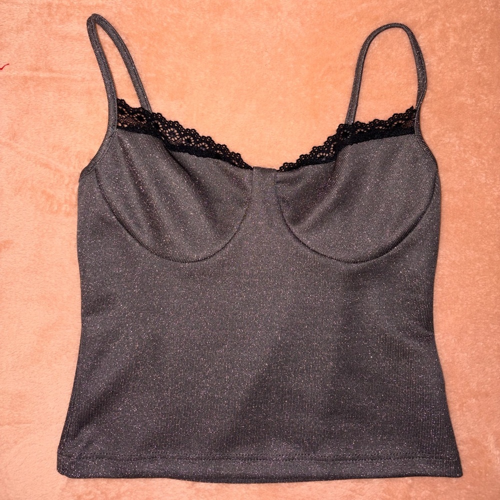 Black Glitter Top with Lace Trim